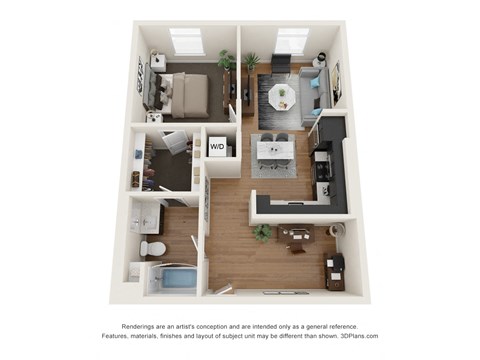 Floor plan for 1 bed, 1 bath, 720 sqft